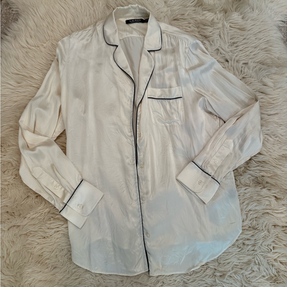 Lauren Ralph Lauren 100% silk pajama blouse top ivory with black piping women M